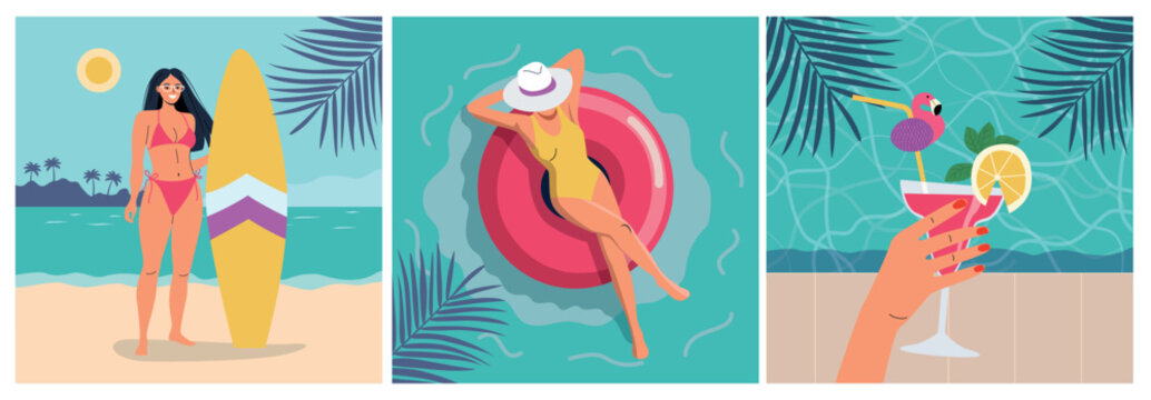 Beach scenes. Happy woman with cocktail, Woman swimming on the inflatable ring in pool water, woman, standing with surfboard. Vector flat cartoon illustration