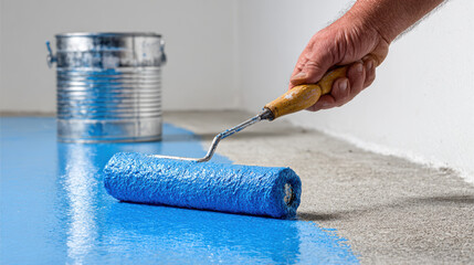 Blue paint roller applying coating on concrete floor for renovation and home improvement