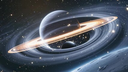 Opening with view showing ringed planet remaining static in deep space, revealing icy rings - Powered by Adobe