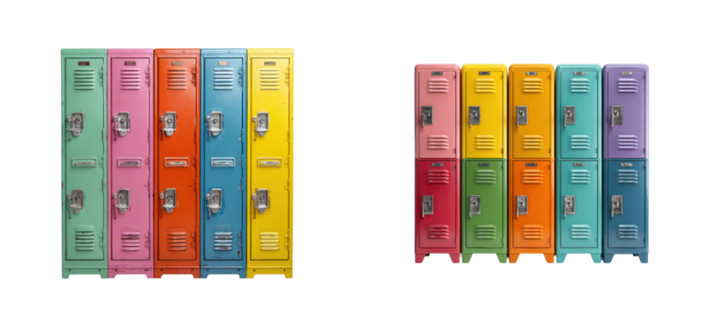 Colorful lockers in a school hallway modern educational environment vibrant viewpoint cut out set png