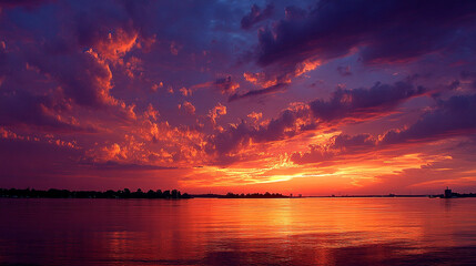Vibrant sunset colors explode across the sky and reflect on the calm water, creating a stunning natural masterpiece.