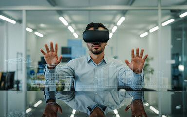 Photo of a male architect uses virtual reality glasses to design a futuristic city
