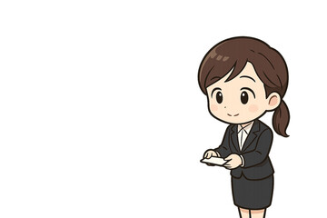 名刺交換をする女性新入社員のミニキャライラスト