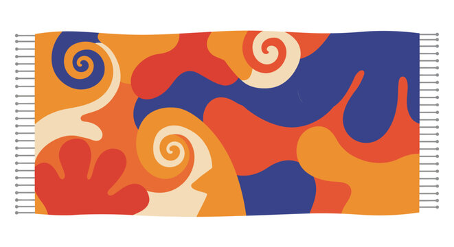 Abstract rug design featuring swirling patterns and organic shapes in vibrant orange, red, and blue hues.
