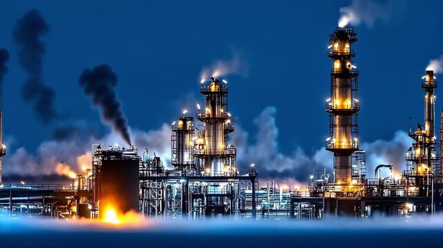 An industrial scene featuring oil refineries with illuminated structures, smoke emissions, and a night sky backdrop.