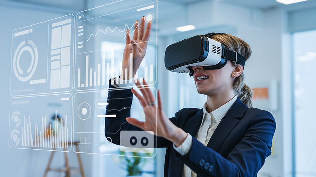 Photo of a smiling businesswoman uses a headset to interact with a holographic data display