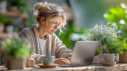 Focused woman working on laptop in cozy indoor space natural light lifestyle photography tranquil environment
