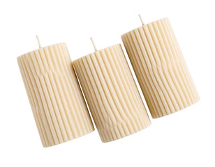 Top View of Three Cream Ribbed Candles Arranged in Triangle Formation, isolated on transparent background