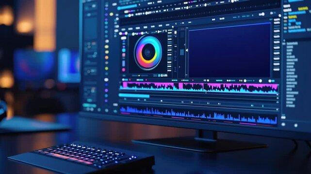 Modern workspace with advanced editing software and gear