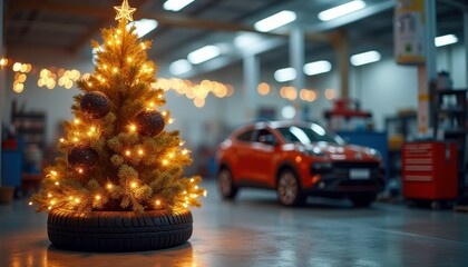 Creative christmas tree with car tires, decorated with golden lights. Blurred auto repair shop in background. Unique festive postcard concept with industrial holiday theme. space for text 


