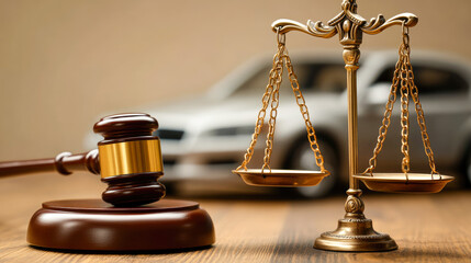 lawyer services banner. Golden scale of justice, wooden gavel and car model on dark background. division of property, mortgage, real estate auction. legal consultation, criminal car sale, property low