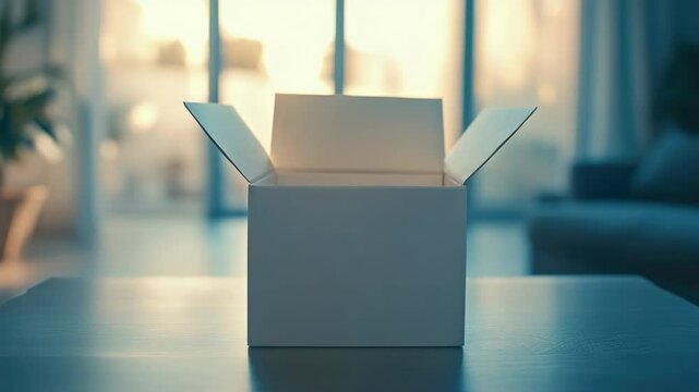 Gift box sitting on wooden table. Empty, unopened white box indicating recent delivery or present waiting to be opened.