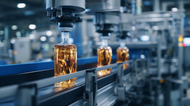 High-speed conveyor carrying clear bottles filled with aromatic amber fluid, sleek robotic fillers aligned above each, industrial environment optimized for perfume or pharmaceutica - Powered by Adobe