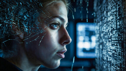 A woman's brain and face crack into data shards, surrounded by digital streams — a haunting metaphor for identity theft, neural intrusion, and mental consumption in the data age.