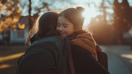 Mother and daughter embracing outdoors, warm sunset light, affection, school, going to school