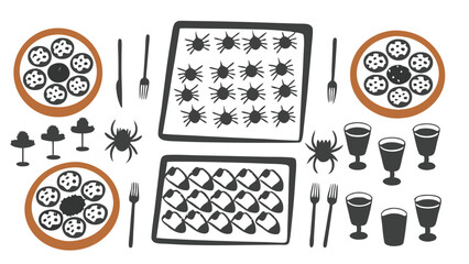 Halloween themed dinner party with plates of food, spiders, and drinks on a white background