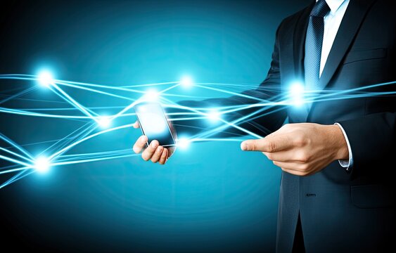 Businessman holds a phone connected to a network of glowing lines