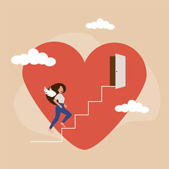 Personal growth concept. Young woman with wings climbing stairs with heart in background
