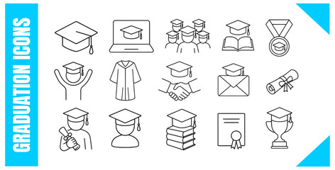 Graduation Line Icons Set Cap, Diploma, Gown, Certificate & Student Vector icons