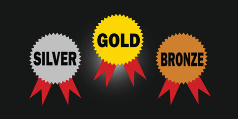 Gold, Silver, and Bronze Medals with Red Ribbon – Flat Vector Icons for Sports Awards, Competitions, and Achievements.