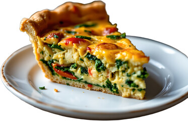 create a captivating close up image of a single slice of quiche, rich with vegetables and cheese, under a radiant flash that highlights its vibrant colors and intricate textures