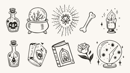 Collection of doodle style mystical elements including potions, books, and a crystal ball set up