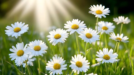 Beautiful White Daisies Meadow Sunlit Field Flowers