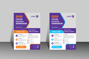 Online School Admission Flyer: An eye-catching promotional design for an online school admission campaign. Two similar flyers.
