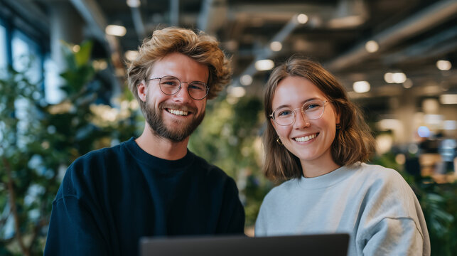 A modern open-concept office with greenery and minimalist decor as backdrop, two engineers smile while reviewing AI algorithm outputs on a laptop, discussing cybersecurity protocol
