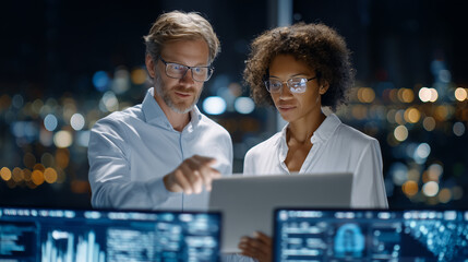 In a stylish, modern office filled with innovation energy, a man and woman discuss AI model results, gesturing toward code snippets on a laptop, digital charts and cybersecurity ic
