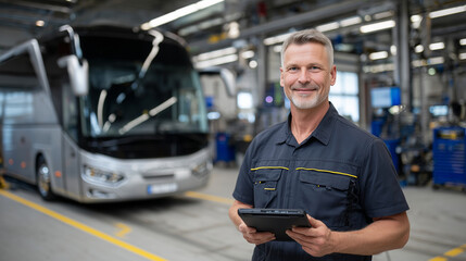 Happy mechanic stands near front wheel of a large tour bus, holding a glowing tablet with live system readings, garage floor marked with safety lines and modern diagnostic stations