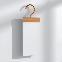 Blank White Tag Mockup Minimalist Wooden Hanger Gold Hook Soft Light Clean Background