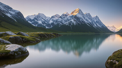 View of the lake at dusk with tall mountains in the background.AI generated.