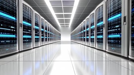 A hallway in a data center lined with rows of server racks, featuring blue LED lights and a clean, modern design. - Powered by Adobe