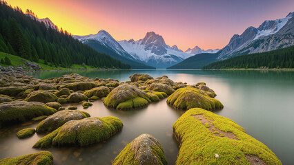 A natural view with a river and high mountains as a background during twilight. AI generated.