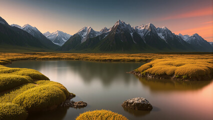 A natural view with a river and high mountains as a background during twilight. AI generated.