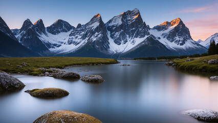 View of the lake at dusk with tall mountains in the background.AI generated.