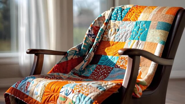 A colorful quilt draped over a wooden chair beside a window, with sunlight illuminating the vibrant patterns.