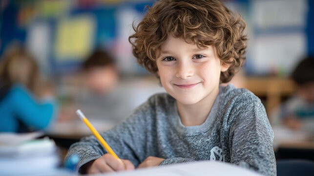 A student working hard on math problems with pencil on paper, classroom filled with laughter and learning energy, posters about numbers and science hanging on walls