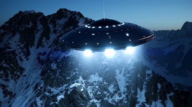 Flying saucer with bright lights hovers above snowy mountain peaks, depicting unexplained phenomenon and alien invasion concept footage.