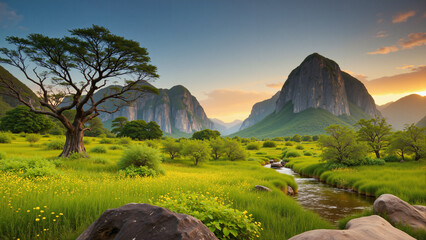 Natural view with big trees, water, mountains and sky in the background.AI generated.