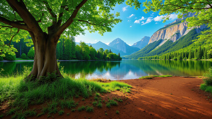Natural view with big trees, water, mountains and sky in the background.AI generated.