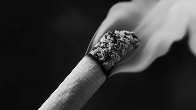 A close-up of a lit cigarette, with smoke rising from the end, set against a dark background. Emphasizes the negative health impacts and addictive nature of smoking.