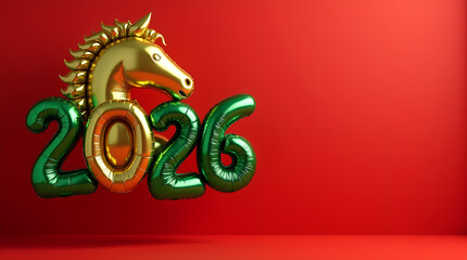 2026 with Golden Horse Balloon on Red Background