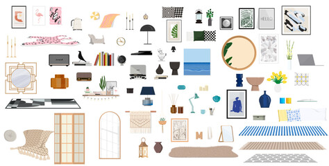 Fototapeta premium A set of isolated interior items for decorating space, figurines, vases, candles, pillows, carpets, mirrors, posters, equipment.