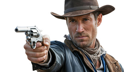 Close-up of rugged Wild West gunslinger pointing revolver, clean white background.
