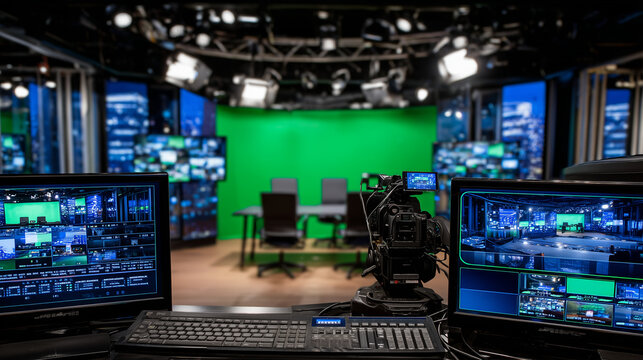 Modern video production studio setup with large green screen wall, high-end cameras on tripods ready for action, bright studio lights with adjustable stands casting even illuminati - Powered by Adobe