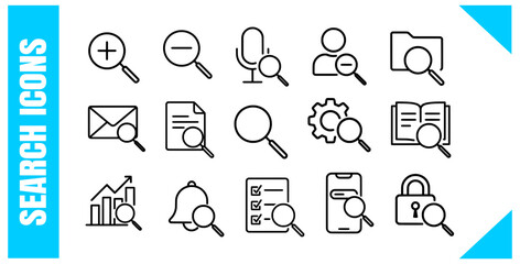  Search Line Icons Set Magnifying Glass, Document, Folder, and Data Vector icons
