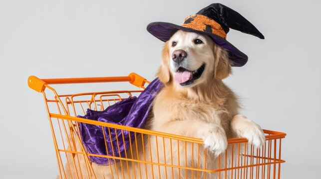  cheerful golden retriever dressed in a cute Halloween costume witch's hat asits in a orange shopping cart. White studio background . Halloween shopping atmosphere 