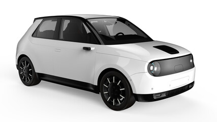 3D White Compact Electric Car - Futuristic EV Hatchback Isolated on White Background